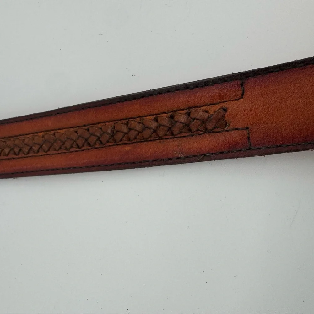 Vintage Mens Rope Edge Embossed Brown Leather Cowboy Strap‎ Western Belt Size 38